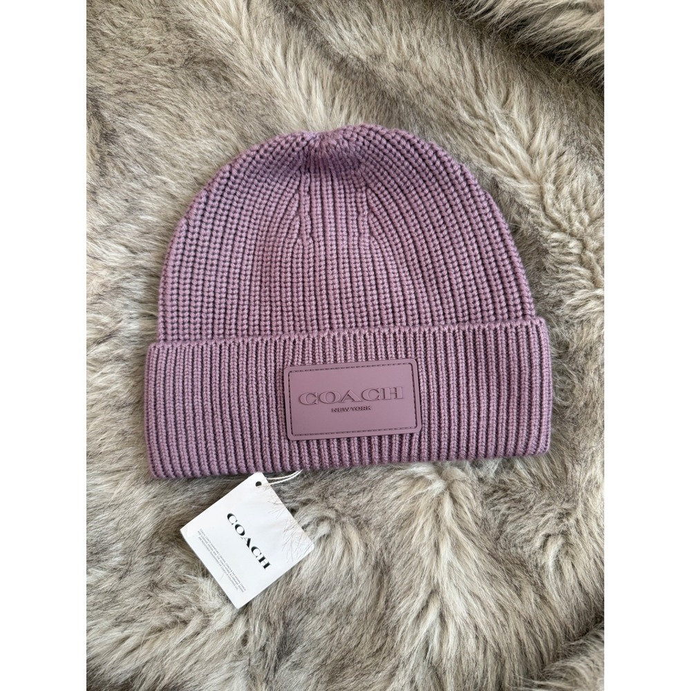 Coach Wool Knit Beanie Jasmine Purple Ribbed Logo Patch Hat BNWT